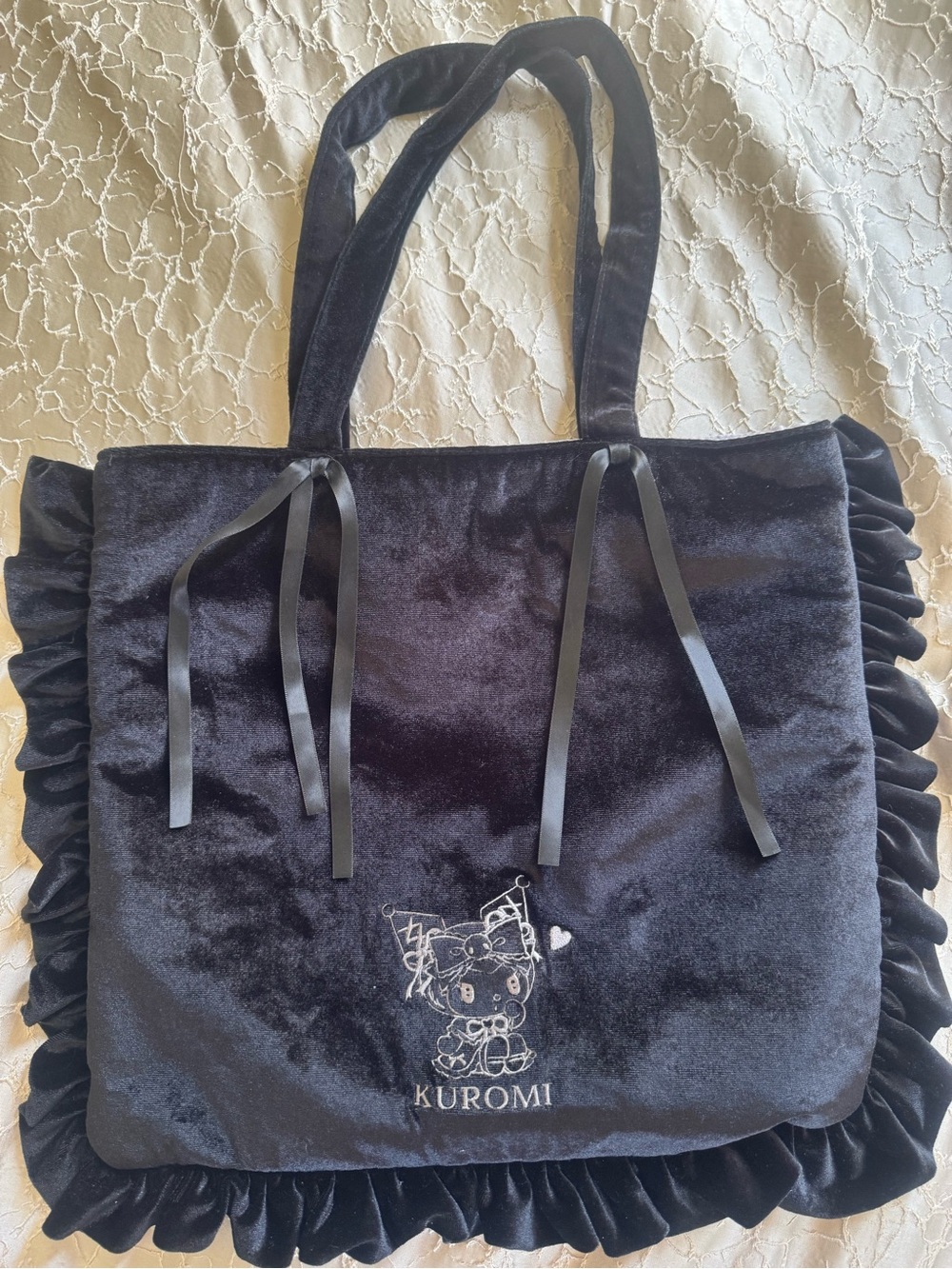 Sanrio Karoo Black Velvet Tote Bag with Ruffle Trim.